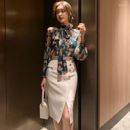 Work Dresses 2023 Autumn 2 Piece Set Women Suit Print Long Sleeve Blouse Shirt Tops And White Pencil Skirts Crop Top Skirt Two