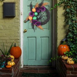 Decorative Flowers Halloween Spiderweb Wreath With Glowing Eyes Spooky Cobweb Garland For Front Door Haunted House Horror Decoration