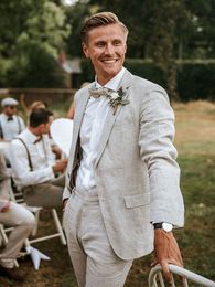 Men s Polos ANNIEBRITNEY 2 Piece Men Slim Fit Business Linen Summer Suits Sand Groom Wedding Tuxedo Tailor Made Casual Mens Suit 230715