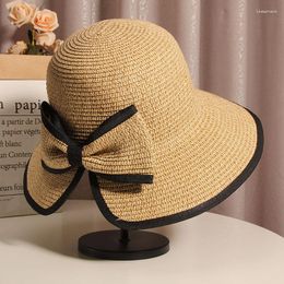 Wide Brim Hats 2023 Korean Summer Elegant Bow Bucket Hat Holiday Versatile Sunshade Beach Straw Fashion Dome Sun Cap Sombrero Mujer