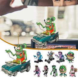 Decorative Objects Figurines Cartoon Big Mouth Monster Car Pendant Acrylic Flat Doll Model Home Decor Rat Fink Crazy Mouse Driving Statue Accessories 230715
