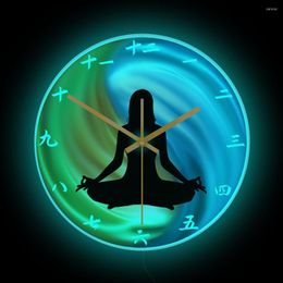 Wall Clocks Fire And Water Yin Yang LED Lighted Sign Luminous Clock Yoga Studio Zen Decor Mediation Lotus Pose Glowing