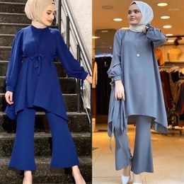 Ethnic Clothing Muslim Women Long Tops Islamic Sets Blue Grey Pants Abayas Dubai 2021 Turkey Outfit Ramadan Prayer Clothes 2 Piece225O