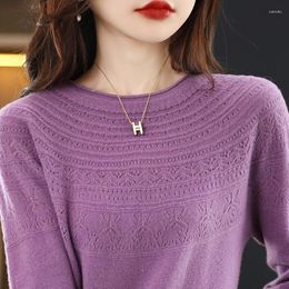 Women's Sweaters Merino Wool Hollow-Carved Design Winter Warm O-Neck Pullover Cashmere Knit Sweater Solid Color Long Sleeves