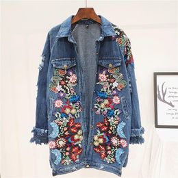 Dresses Haruku Heavy Work Flower Embroidery Hole Denim Jacket Women Streetwear Autumn Midlength Loose Casual Jean Coat Chaqueta Mujer