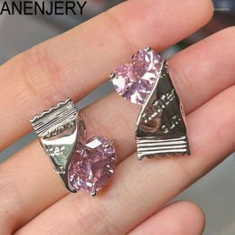 Stud Earrings ANENJERY Pink Zircon Love Heart Candy Paper For Women Sweet Cool Girl Personality All-match Jewelry Accessories