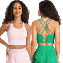 Yoga Outfit Buttery Soft Widen Hem Strappy Sports Bra Women Crisscross Backless Medium Support Padded Workout Gym Crop Tank Tops