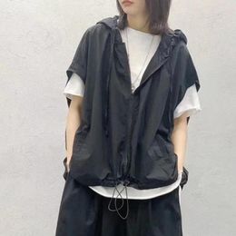 Men's Vests Harajuku Hooded Sleeveless Cardigan Women Vintage Hip Hop Zipper Oversized Cargo Vest Japan Style Casual Thin Jackets