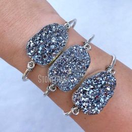 Bangle BM14716 Natural Druzy Crystal Free Form Adjustable Cuff Silver Plated Wire Wrapped Bracelet Bridesmaid Gift