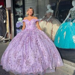 Lavender Shiny Crystal Lace Quinceanera Dresses Ball Gown Off The Shoulder Handmade Flowers Sweet 15 Party Vestidos XV Anos