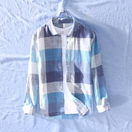 Men's Casual Shirts Plaid Shirt Linen For Man Pure Made Breathable Comfortable Long Sleeve Loose Thin Summer Autumn UP M-3XL