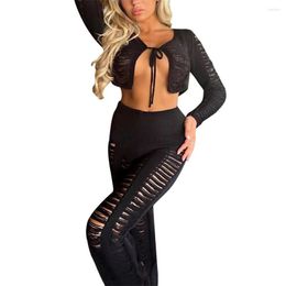 Women's Two Piece Pants Women 2 Pieces Outfits 2023 Summer Solid Colour Ripped Tie-Up Long Sleeve Knit Cardigan Crop Tops And Set Clubwear