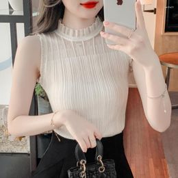 Women's Blouses Office Lady Ruffled Sleeveless Knit Tank Tops 2023 Summer Organza Lace Blouse Woman Elegant Solid Shirt Women Clothing 27649