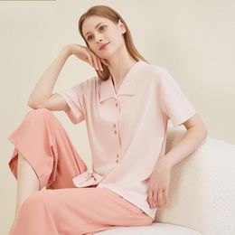 Women's Sleepwear 2023 Summer Women Casual Pajama Sets Ladies Modal Cotton Suit Female Short Sleeve Cardigan Shirt & Calf Length Pants