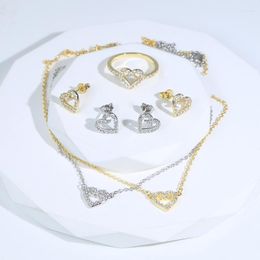 Necklace Earrings Set One Of Love Heart Wedding Accessories Ring Women Lady Gold Silver Colour Jewellery Couple Gift