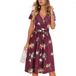 Casual Dresses Flowing Hem Dress Floral Print Elegant A-line Midi With Deep V Neck Pleated Women's High Waist Lady