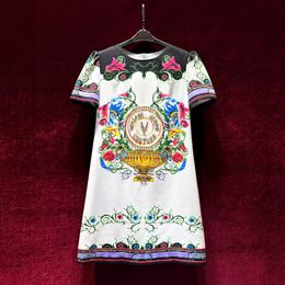 2023 Summer White Floral Print Beaded Dress Short Sleeve Round Neck Knee-Length Casual Dresses A3Q122240