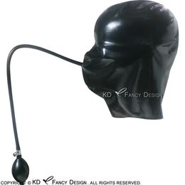 Black Sexy Latex Hoods Costume Accessories With Inflatable Mouth Ball Rubber Masks And Tubes Hand Pump Plus Size 0049186t