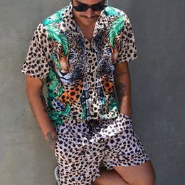 Men's Tracksuits European and American men's leopard print casual relaxed fashion printed shirt beach pants suit S-3XL 230715