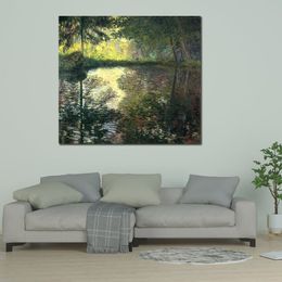 Handmade Canvas Art Claude Monet Painting The Pond at Montgeron Village Landscape Artwork Bathroom Decor