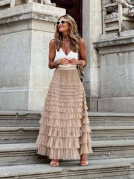 Skirts Elegant Cake Long Skirt Women Summer Elastic Waist Solid Mesh Lace Loose Party Fashion Hight Beach Boho 230715