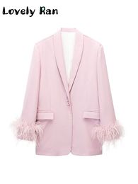 Women s Suits Blazers Elegant OL Feather Blazer Jacket for Women 2023 Fashion Single Button Suit Coats Female Spring High Street Loose Chic Top 230715