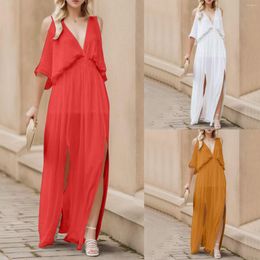 Casual Dresses Ladies Loose Dress Sexy Off Shoulder Side Slit Open Back Deep V Neck For Women Female Vintage Beach