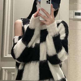 Women's Sweaters Black And White Plaid Sweater Pullover Autumn Winter Hollow Sexy Fashion Long Sleeve O-Neck Wool Tops 17392