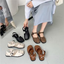 Sandals Strap Square Toe Flat Sandal Shoe Summer Heels 2023 Women's Shallow Mouth Suit Female Retro Fashion Gir