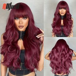 Synthetic Wigs Wine Red Synthetic Wigs Burgundy Long Wavy Wigs with Bangs for Black Women Cosplay Daily Natural Hair Wig Heat Resistant Fibre 230715