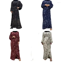 Ethnic Clothing Long Sleeves Printed Drawstring Abayas Fashion Muslim Womens Florals Gowns Party Chiffon Maxi Dress Loose Robe Kaftan