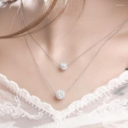 Chains 925 Sterling Silver Double Layer Shiny CZ Zirconia Crystal Lucky Ball Pendant Necklace For Women Gift Collares De Prata