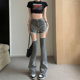 Women's Jeans Harajuku Sexy Denim Shorts With Gray Fringe Flared Leg For Women Street Wear Y2k Detachable Style