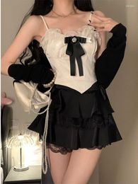 Casual Dresses 2023 Summer 3 Piece Set Skirt Woman Short Cardigan White Lace Vest Slim Mini Korean Fashion Suit Bow Chic