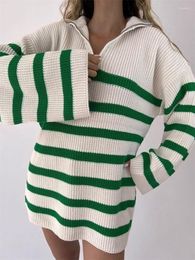 Women's Sweaters Casual Polo Collar Striped Women Sweater Contrast Zipper Loose Long Sleeve Ladies Autumn Winter 2023 Mid Length Top