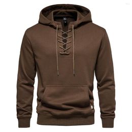 Men's Hoodies Vintage Coffee Lace Up Neckline Hooded Sweatshirt Mens 2023 Long Sleeve Viking Pirate Spring Fashion Retro Jumpers