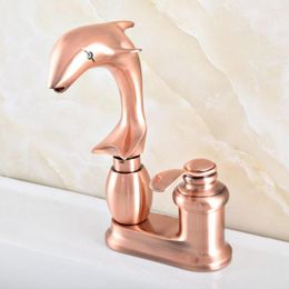 Bathroom Sink Faucets Antique Red Copper Cute Dolphin Shape Two Holes Basin Kitchen Vanity 4" Centerset Lavatory Faucet Mixer Tap Asf837