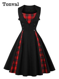 Set Tonval Black and Plaid Vintage Tunics Summer Dress Women Button Front Sleeveless Pinup 1950s Cotton Retro Rockabilly Dresses