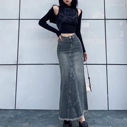 Skirts Women's Front Slit Denim Skirt Blue Pockets High Waist Slim Zipper 2023 Spring Female Casual Streetwear Korean Style