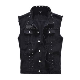 Vests New 2022 Denim Vest Men Punk Rock Rivet Cowboy Black Jeans Waistcoat Fashion Men Motorcycle Style Sleeveless Jeans Jacket M6xl