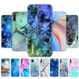 For Huawei P40 Lite 4G 5G Case Soft TPU Silicon Back Phone Cover E Bumper Marble Snow Flake Winter Christmas
