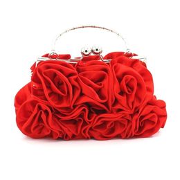 Hand-stitched Satin Flower ivory evening purse for Women - Black, White, and Red with Roses - Perfect for Weddings and Bridal Clutch Purse - Item #230715