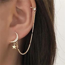 Dangle Earrings Fashion Gold Colour Moon Star Clip Ear For Women Simple Fake Cartilage Long Tassel Chain CuffJewelry