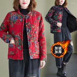 Women's Jackets 2023 Autumn Winter Fleece Jacket Retro Ethnic Wind Cotton Printing Long Sleeved Thick Padded Coat Top Mother's Clothes