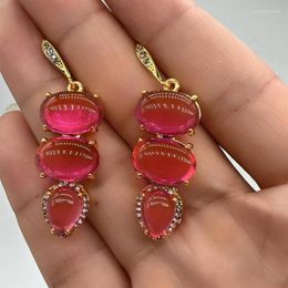 Dangle Earrings Luxury Metal Gold Plated Three Pink Moonstone Hook Drop For Women