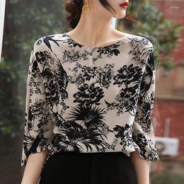 Women's Blouses Vintage Silk Satin Blouse Women Summer 3/4 Sleeve Rouned Neck Fashion Loose Floral Printed Shirts Blusa