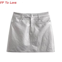 Skirts FP To Love French Silver PU Mini Metallic Sexy High Waist Hip Skirt Chic Retro Short A Line Metal 230715