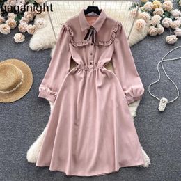 Casual Dresses Gaganight Women Retro French Style Turn Down Collar Wood Ears Dress 2023 Autumn Winter Waist Slim High End Unique Long