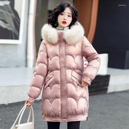 Women's Trench Coats Nice Winter Soild Women Puffer Coat Long Casual Hooded Fur Ladies Jackets Shiny Padded Cotton Female Parkas With