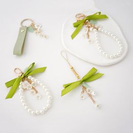 Keychains Fashion Simple Green Ribbon Bow Pearl Hanging Key Chain Women Mobile Phone Bag Car Keychain Charm Decoration Wholesale